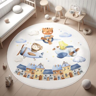 Pilot Safari Round Kid's Rug- Washable & Non-Slip Nursery Carpet
