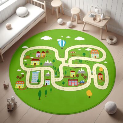 City Road Round Kid's Rug- Washable & Non-Slip Nursery Carpet
