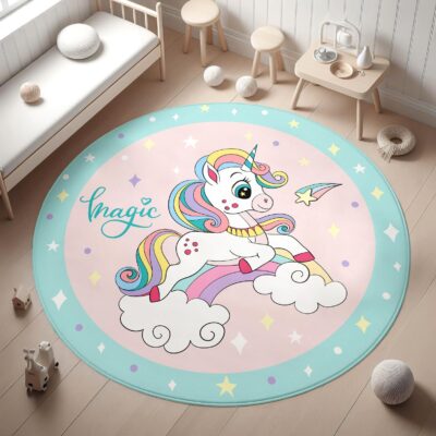 Rainbow Unicorn Round Kid's Rug- Washable & Non-Slip Nursery Carpet
