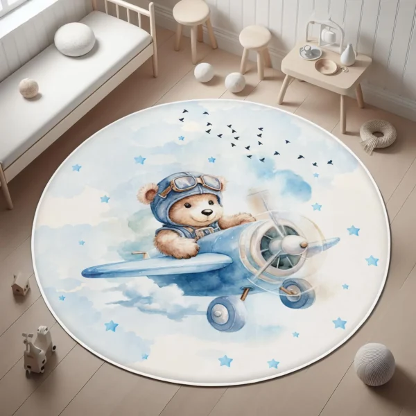 Pillow Bear Round Kid's Rug- Washable & Non-Slip Nursery Carpet