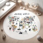 Animal World Map Round Kid's Rug- Washable & Non-Slip Nursery Carpet