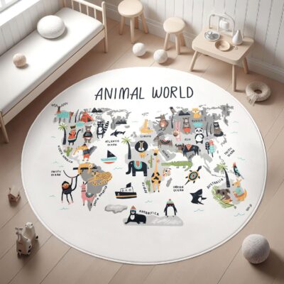 Animal World Map Round Kid's Rug- Washable & Non-Slip Nursery Carpet