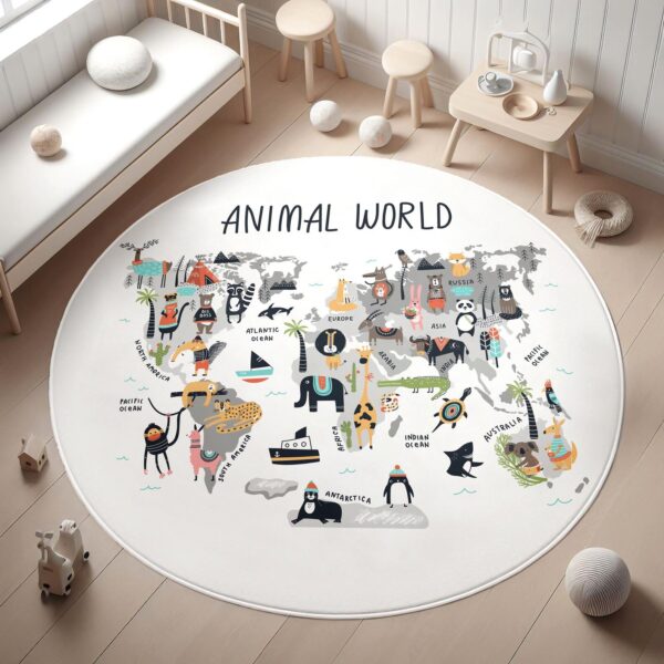 Animal World Map Round Kid's Rug- Washable & Non-Slip Nursery Carpet