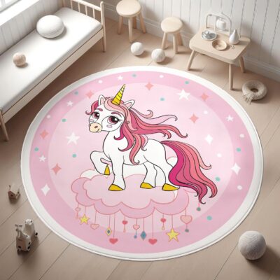Pink Unicorn Nursery Round Kid's Rug- Washable & Non-Slip Nursery Carpet