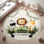 Safari Animals Round Kid's Rug- Washable & Non-Slip Nursery Carpet