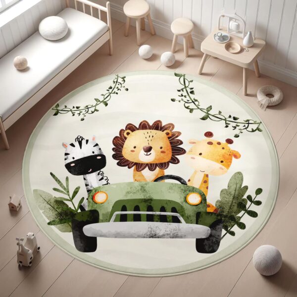 Safari Animals Round Kid's Rug- Washable & Non-Slip Nursery Carpet