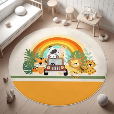 Safari Animals Rainbow Round Kid's Rug- Washable & Non-Slip Nursery Carpet