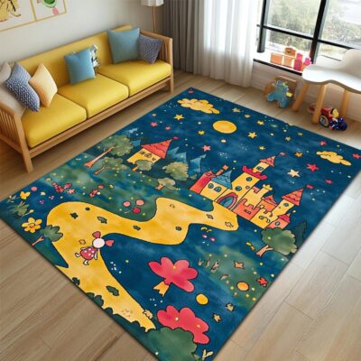 A Starry Night and Castles Square Kid’s Rug - Washable & Non-Slip Nursery Carpet