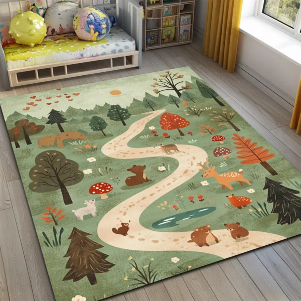 Jungle Road Square Kid’s Rug - Washable & Non-Slip Nursery Carpet